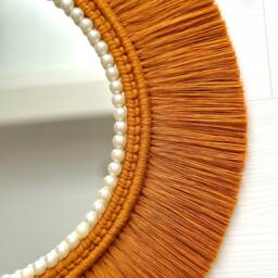 Cinnamon Boho Macrame Mirror With Pearls, Round Wall Decor - thumbnail 2