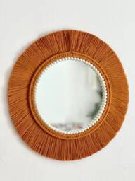 Cinnamon Boho Macrame Mirror With Pearls, Round Wall Decor