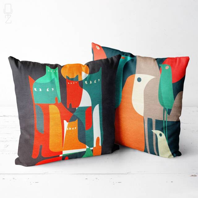 Abstract Cat & Bird Velvet Cushion Covers Set Of 2, Double Sided - image 1