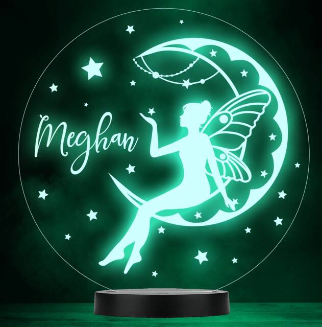 Girls Fairy Sitting On Crescent Moon Round Colour Change Lamp Night Light - image 1