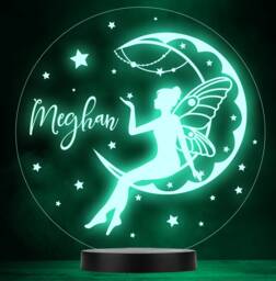 Girls Fairy Sitting On Crescent Moon Round Colour Change Lamp Night Light - thumbnail 1