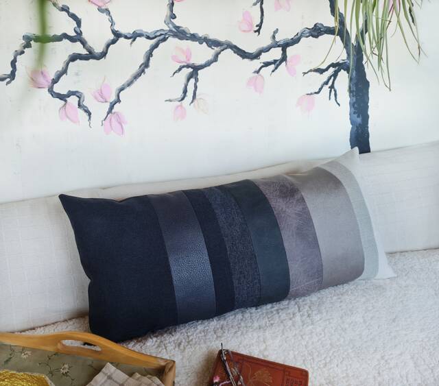 Unique Lumbar Pillow Cover Made Of Faux Leather & Cotton Fabric Strips - image 1