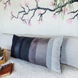 Unique Lumbar Pillow Cover Made Of Faux Leather & Cotton Fabric Strips - thumbnail 3