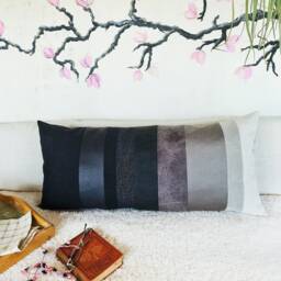 Unique Lumbar Pillow Cover Made Of Faux Leather & Cotton Fabric Strips - thumbnail 2