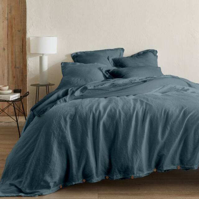 Petrol Blue Organic Hemp & Cotton Bed Linen With Wooden Buttons - image 1