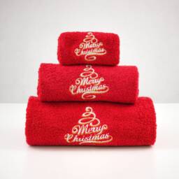 Merry Xmas Set Of 3 Embroidered Red Bath Towels - Ref. Christmas - thumbnail 1