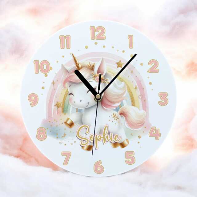 Personalised Unicorn Clock Rainbow Nursery Decor, Acrylic Kids Room Clock - image 1
