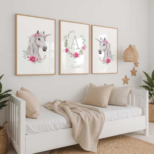 Set Of 3 Pink Rose Floral Unicorn Prints For Girls Bedroom Or Nursery Wall Decor, Initial With Flower Wreath & Name - image 1