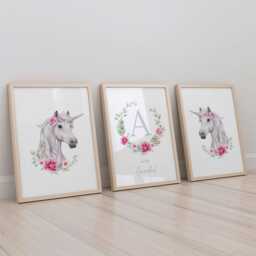 Set Of 3 Pink Rose Floral Unicorn Prints For Girls Bedroom Or Nursery Wall Decor, Initial With Flower Wreath & Name - thumbnail 3