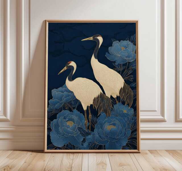 Japanese Crane Poster, Blue Floral Art Print, Elegant Oriental Wall Art, Traditional Style, Zen Nature Home Decor - image 1