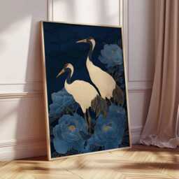 Japanese Crane Poster, Blue Floral Art Print, Elegant Oriental Wall Art, Traditional Style, Zen Nature Home Decor - thumbnail 2