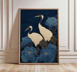Japanese Crane Poster, Blue Floral Art Print, Elegant Oriental Wall Art, Traditional Style, Zen Nature Home Decor - thumbnail 1