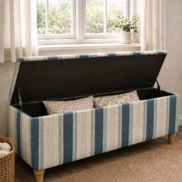 Handmade Striped Ottoman Storage Bench Linwood Dimity Wavy Linen Fabric, Wooden Legs, Interior - thumbnail 2