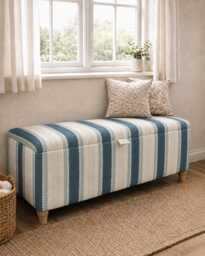 Handmade Striped Ottoman Storage Bench Linwood Dimity Wavy Linen Fabric, Wooden Legs, Interior