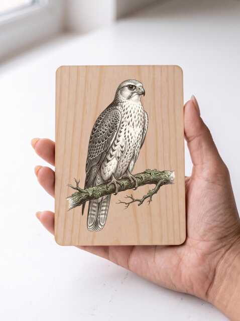 Gyrfalcon Art Print - Vintage White Arctic Falcon Wall Pine Wooden Postcard - image 1