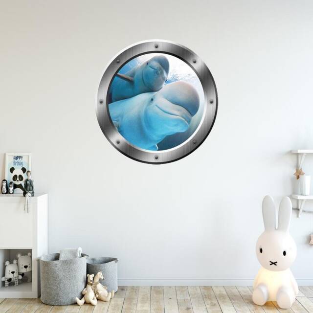Porthole Wall Decal Beluga Whale Dolphin Family Ocean View 3D Window Portal Art Po21 - image 1