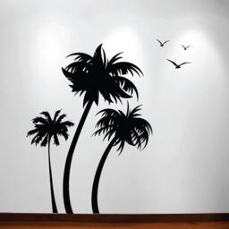 Palm Coconut Tree Wall Decal With Seagull Birds 3 Trees 1132 - 8 Feet Tall - thumbnail 2