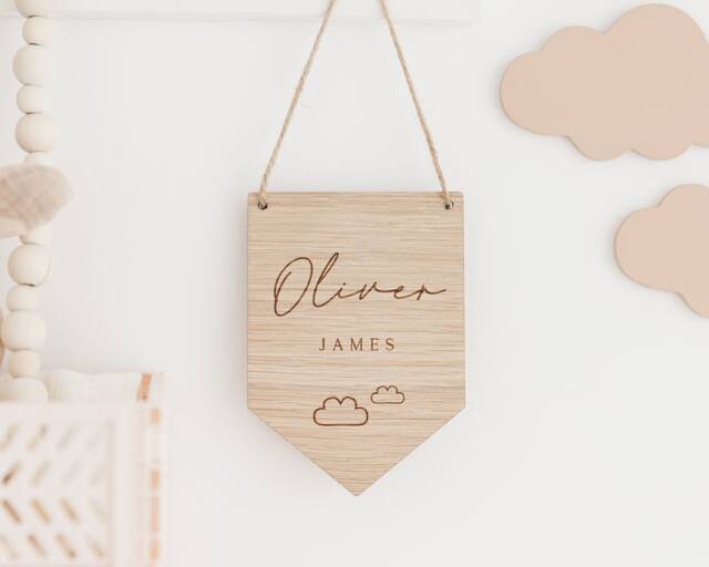 Personalised Nursery Decor - Wooden Flag Baby Name Pennant Childrens Bedroom Cloud Theme Neutral - image 1