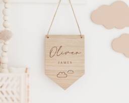 Personalised Nursery Decor - Wooden Flag Baby Name Pennant Childrens Bedroom Cloud Theme Neutral - thumbnail 1