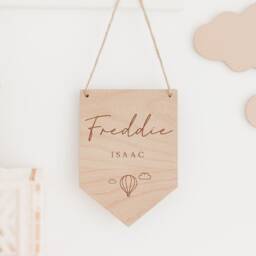 Personalised Nursery Decor - Wooden Flag Baby Name Pennant Childrens Bedroom Cloud Theme Neutral - thumbnail 3