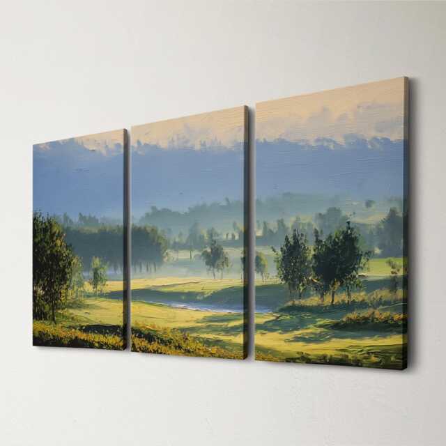 Mountain Golf Course 3 Panel Split Canvas Wall Art Scenic Landscape Painting Clubhouse Decor Oil Framed Home - image 1