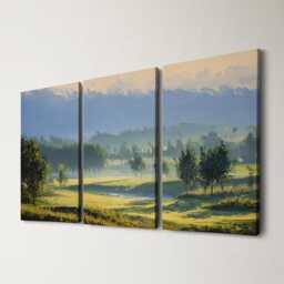 Mountain Golf Course 3 Panel Split Canvas Wall Art Scenic Landscape Painting Clubhouse Decor Oil Framed Home - thumbnail 1