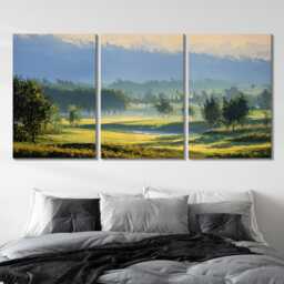 Mountain Golf Course 3 Panel Split Canvas Wall Art Scenic Landscape Painting Clubhouse Decor Oil Framed Home - thumbnail 2