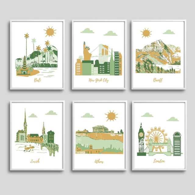 Travel Nursery Art - Bali, Nyc, Banff, Zurich, Athens, London - Gold, Green - image 1