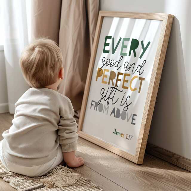 James 117, Every Good & Perfect Gift Is From Above, Nursery Bible Verse Print, Christian Baby Shower Wall Art - image 1