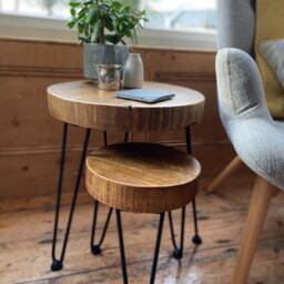 Handcrafted Rustic Round Nest Of Tables - Scaffold Board Furniture Side Wood - thumbnail 2