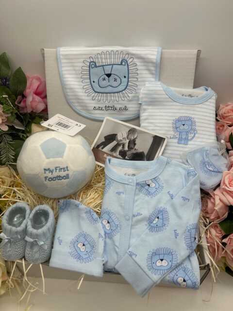 "New Baby Boy Gift Set Blue Lion Hamper - Cute Little Cub Bib, Sleepsuit, Booties & ""My First Football" - image 1