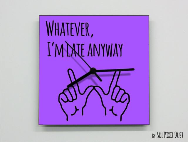 Whatever, I'm Late Anyway Hand Symbol/Square Purple - Wall Clock - image 1