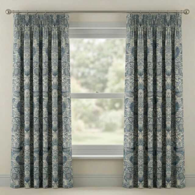 Custom Made William Morris Strawberry Thief Blue Chenille Blackout/Lining Curtains 3 - image 1