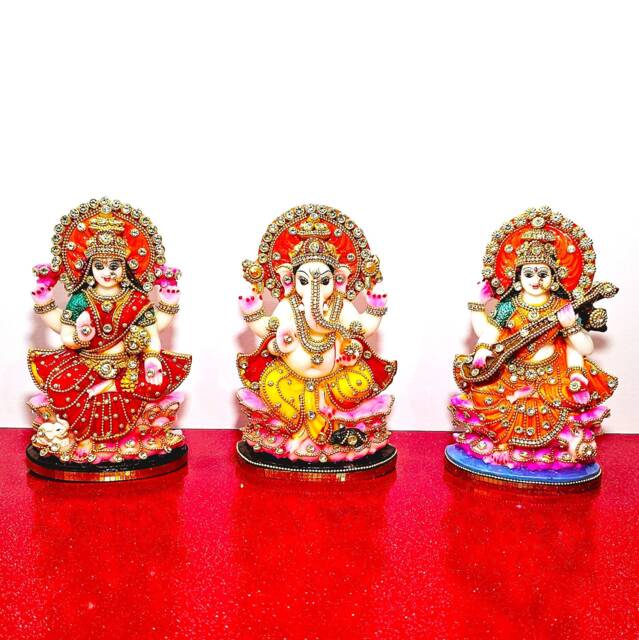 Rare Lord Ganesh , Goddess Lakshmi/Laxmi Saraswati Stone Decorated Statue Set - image 1