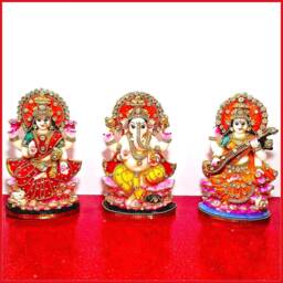 Rare Lord Ganesh , Goddess Lakshmi/Laxmi Saraswati Stone Decorated Statue Set - thumbnail 2