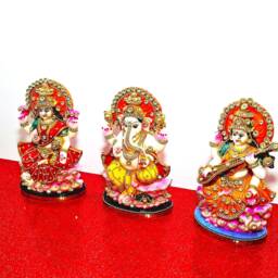 Rare Lord Ganesh , Goddess Lakshmi/Laxmi Saraswati Stone Decorated Statue Set - thumbnail 3