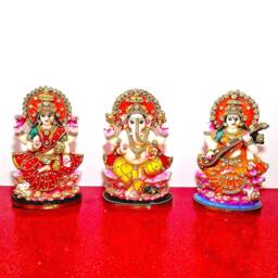 Rare Lord Ganesh , Goddess Lakshmi/Laxmi Saraswati Stone Decorated Statue Set - thumbnail 1