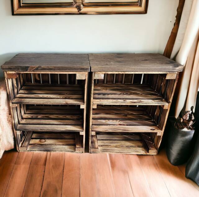 Rustic Washed Grey Wooden Crate Bedside Tables With Shelves - image 1