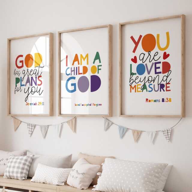 Set Of 3 Bible Verse Nursery Prints, Christian Wall Art Kids, Rainbow Sunday School Art, Girls Bedroom Decor Boys - image 1