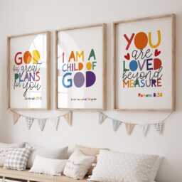 Set Of 3 Bible Verse Nursery Prints, Christian Wall Art Kids, Rainbow Sunday School Art, Girls Bedroom Decor Boys - thumbnail 1