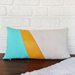 Mid Century Modern Lumbar Pillow Cover Yellow Vegan Leather, Mint & Off White - thumbnail 2