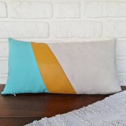 Mid Century Modern Lumbar Pillow Cover Yellow Vegan Leather, Mint & Off White - thumbnail 3