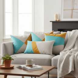 Mid Century Modern Lumbar Pillow Cover Yellow Vegan Leather, Mint & Off White - thumbnail 4