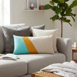 Mid Century Modern Lumbar Pillow Cover Yellow Vegan Leather, Mint & Off White - thumbnail 1