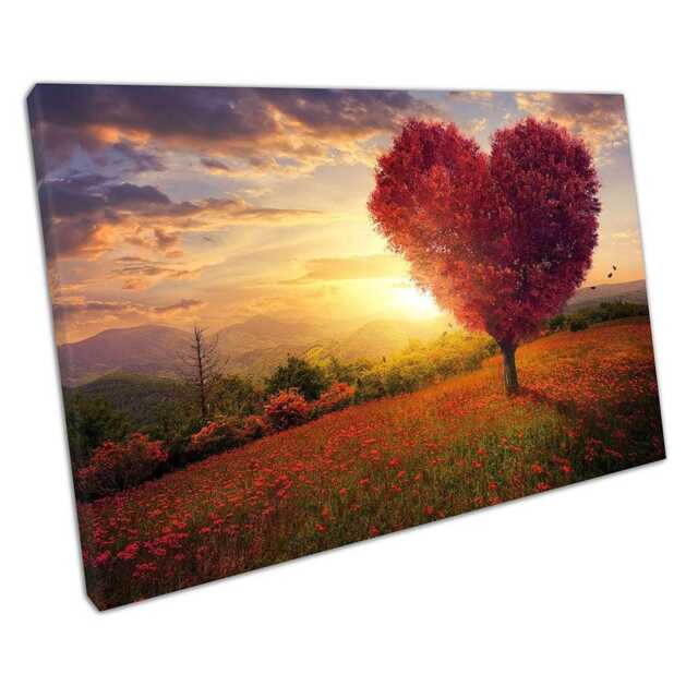 Red Heart Shaped Tree Canvas Art Stunning Sunset Landscape Ready To Hang Decor For Home Office - image 1