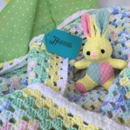 Baby Gift Set For Boy Or Girl - Handmade Crochet Afghan Blanket Shower Unisex Yellow Border - thumbnail 3