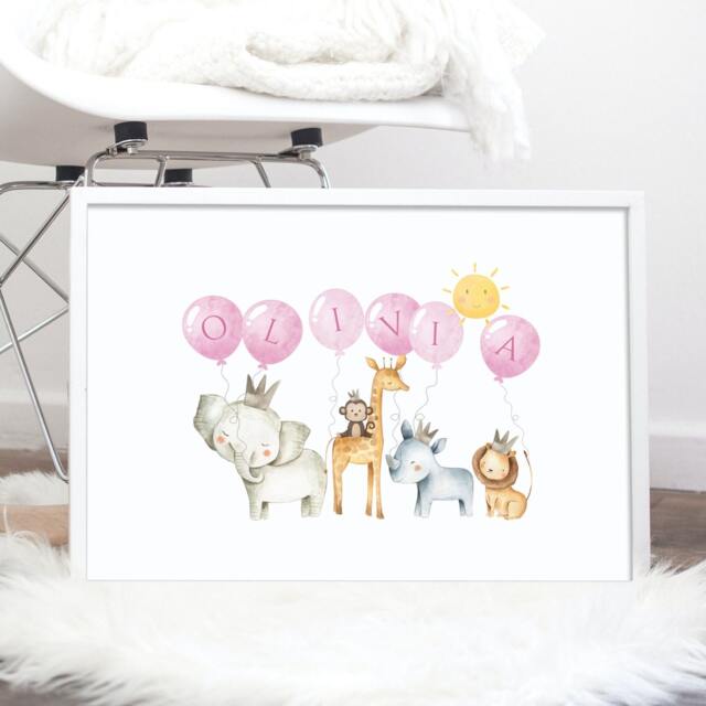 Personalised Safari Print, Name Print For Girl, Safari, Jungle Animals, Animal Elephant Giraffe - image 1