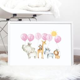 Personalised Safari Print, Name Print For Girl, Safari, Jungle Animals, Animal Elephant Giraffe - thumbnail 1