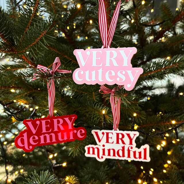 Very Demure Mindful Cutesy Christmas Tree Decoration - Red White Pink Acrylic Slogan Baubles Clashing Colours Bright Colourful - image 1