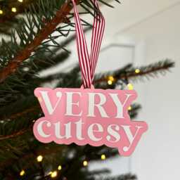 Very Demure Mindful Cutesy Christmas Tree Decoration - Red White Pink Acrylic Slogan Baubles Clashing Colours Bright Colourful - thumbnail 2